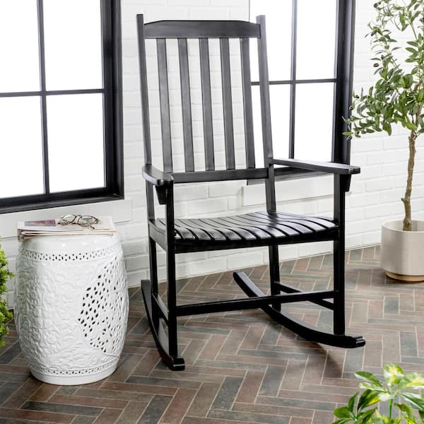 JONATHAN Y Seagrove Farmhouse Classic Slat-Back 350 lbs. Support Acacia Wood Outdoor Rocking Chair, Black