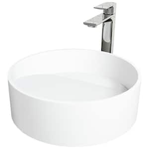 Matte Stone Starr Composite Round Vessel Bathroom Sink in White with Norfolk Faucet and Drain in Chrome