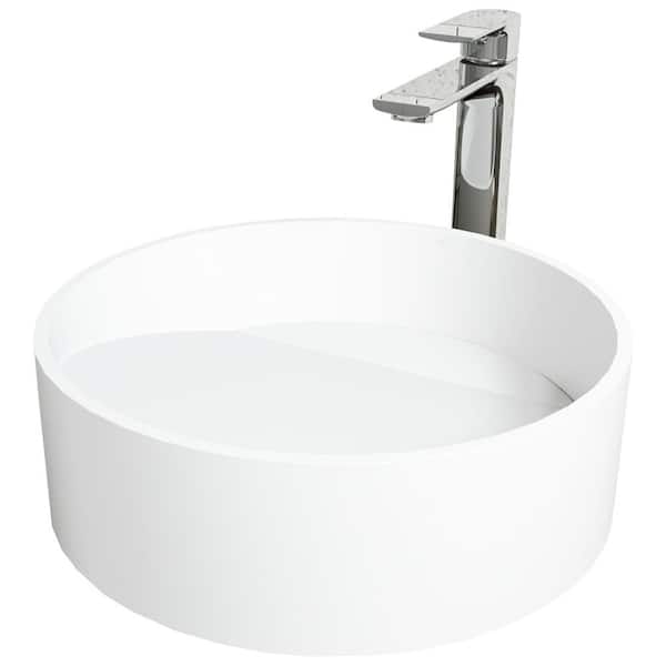 Matte Stone Starr Composite Round Vessel Bathroom Sink in White with Norfolk Faucet and Drain in Chrome