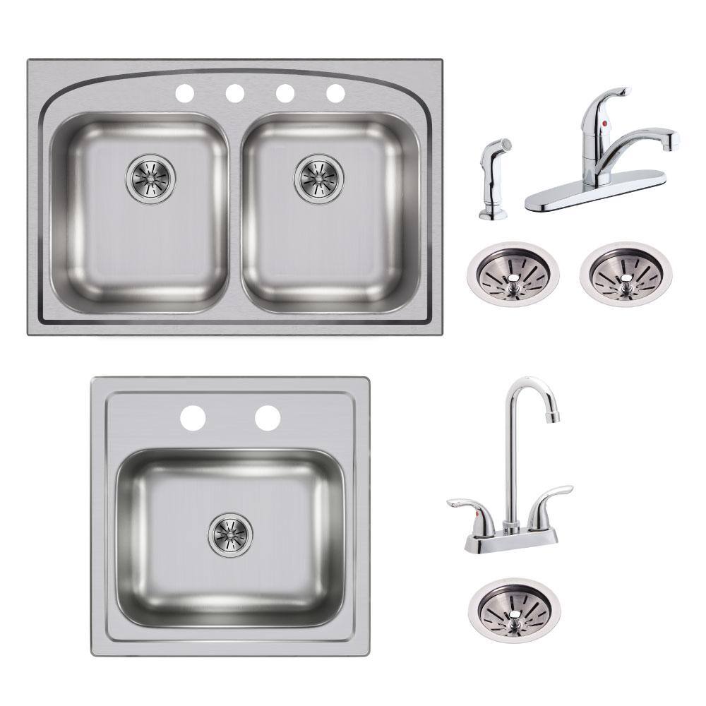 Elkay Pergola All-in-one Drop-In Stainless Steel 33 in. 4-Hole Double Bowl Kitchen Sink with Bar Sink, Faucets and Drains VBTHD72 - The Home Depot