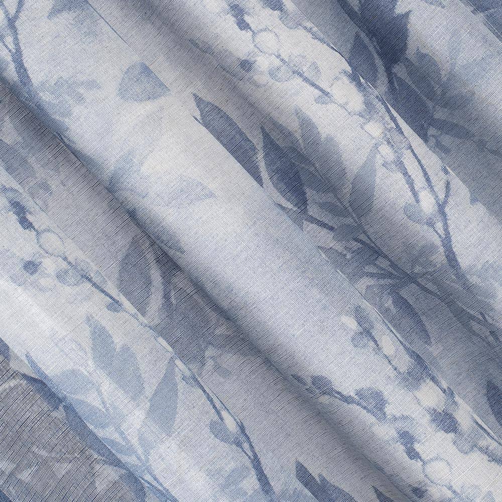 Blue Watercolor Floral Linen Blend Sheer Rod Pocket Curtain Panel