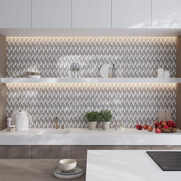 Mirage 10 in. x 12 in. Polished Warm Beige White Marble Leaf Mosaic Wall and Floor Tile (4.07 sq ft/case)-5 Pack