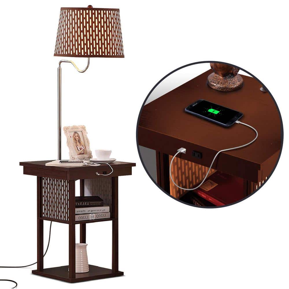 Madison Mid-Century Modern Side Table with Built-In LED Lamp and USB Ports, Havana Brown