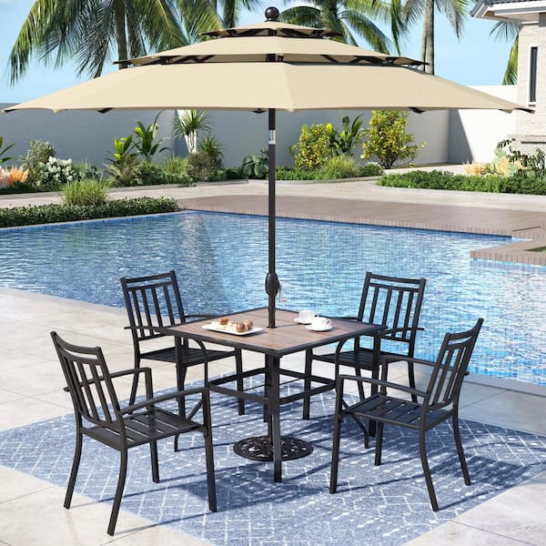 PHI VILLA 6-Piece Metal Outdoor Patio Dining Set with Umbrella and Wood-Look Square Table and Stackable Chairs