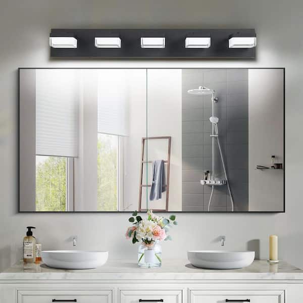 31 in. 5 Light Modern Black Vanity Light Fixture Bathroom Over Mirror Wall Lights with Iron Acrylic Minimalist Design