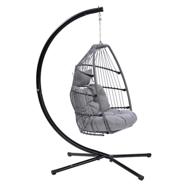 Boosicavelly 34 in. W 2-Person Grey Rattan Patio Swing with Gray Cushion and Pillow