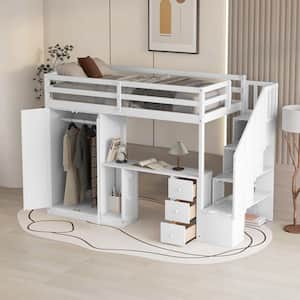 Multifunctional White Twin Size Wooden Loft Bed with Wardrobe, Cabinet, Desk, Drawers And Storage Staircase