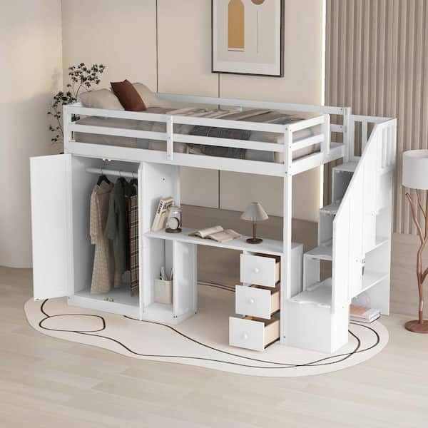 Harper & Bright Designs Multifunctional White Twin Size Wooden Loft Bed with Wardrobe, Cabinet, Desk, Drawers And Storage Staircase
