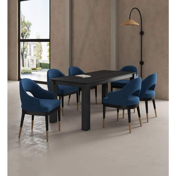 Manhattan Comfort Rockaway and Carrington 7-Piece Rectangle Black and Midnight Blue Ash Wood Top Dining Room Set Seats 6