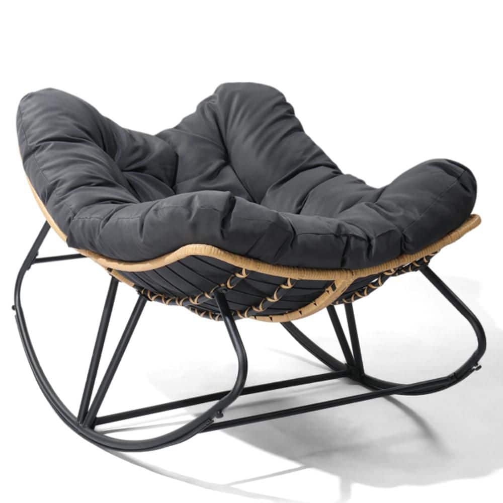 Outdoor Steel Wicker Rocking Seating with Thick Padded Cushion for Patio, Living Room, Oversized Rattan Chair, Gray