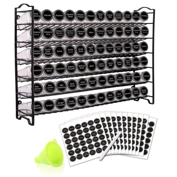 Spice Rack Organizer with 72 Square Glass Spice Jars, 340 Preprinted Labels, Chalk Marker, and Funnel, Countertop