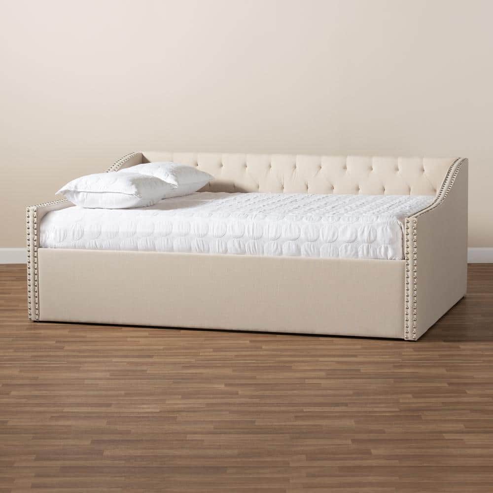 Beige Queen Wood Frame Upholstered Daybed with Nailhead Trim