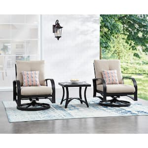 3-Piece Aluminum Patio Conversation Set with Beige Sunbrella Cushions, 2 Swivel Chairs, Side Table