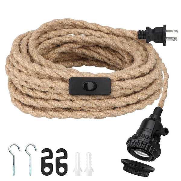 16.5 ft Hemp Rope Plug-In Pendant Light Cord Kit with E26 Socket Inline Switch Ceiling Hooks, 80W Max