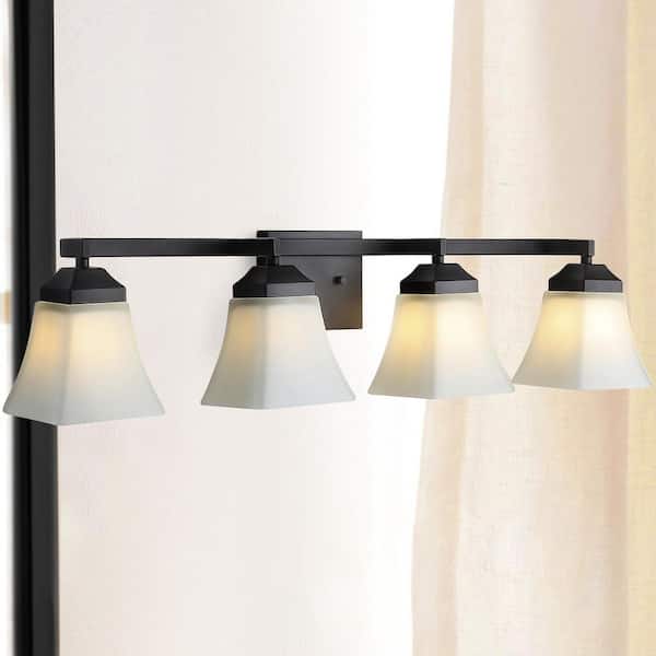 JONATHAN Y Staunton 33 in. 4-Light Iron/Glass Modern Cottage LED Vanity Light, Oil Rubbed Bronze