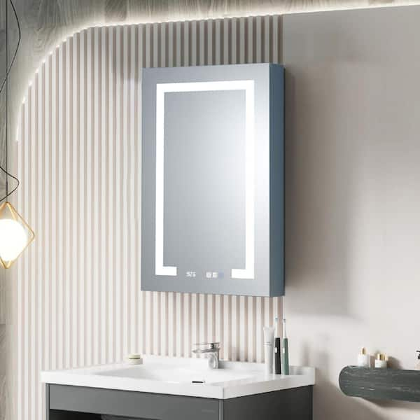 20 in. W x 32 in. H Rectangular Silver Aluminum Recessed/Surface Mount LED Medicine Cabinet with Mirror (Right Open)