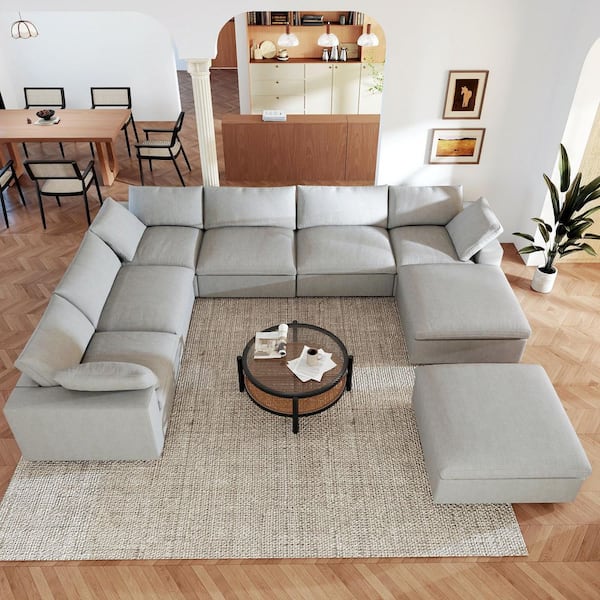 Cloud Couch 157 in. Square Arm Down Filled Linen 8-Piece Modular Sectional Sofa in Gray with Ottoman, Detachable Covers