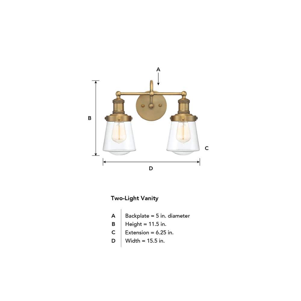Taylor Old Satin Brass 2-Light Dimmable Vanity Fixture with Clear Glass Shades