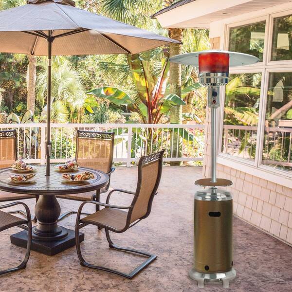 hanover mini umbrella tabletop propane patio heater STYLE HT-H-3001  Aaron USA LLC with an optional hose/regulator (not included) Hanover Mini Pyramid Tabletop Gas