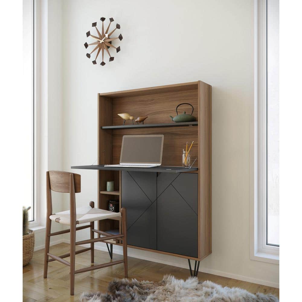 Nutmeg and Charcoal Grey Wood Secretary Desk with Filing Cabinet