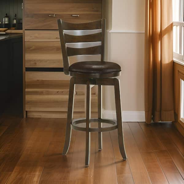 Benjara 30.25 in. Brown High Back Wood Frame Bar Stool with Faux Leather Seat