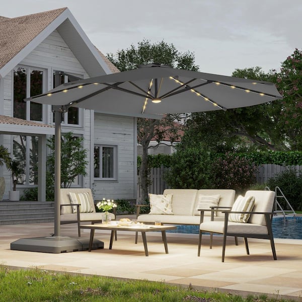 SANLUCE 11 ft. Aluminum Offset Cantilever Patio Umbrella with LED Lights and Water-Repellent Canopy in Gray
