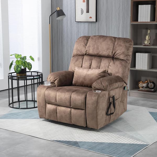 Dual OKIN Motor Velvet Lift Recliner with 2 Remote Controls, Pillow and 2 Cup Holder - Brown