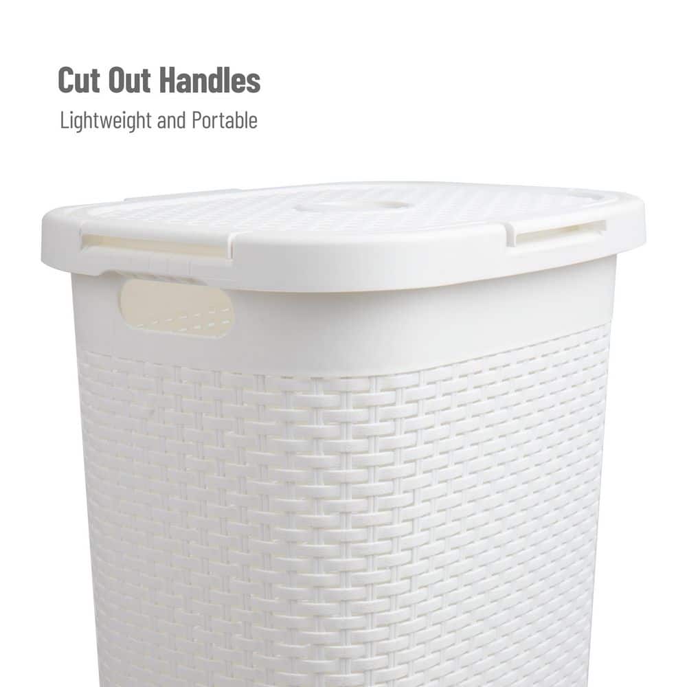 White Plastic Wicker Style Upright Hamper with Lid for Kids
