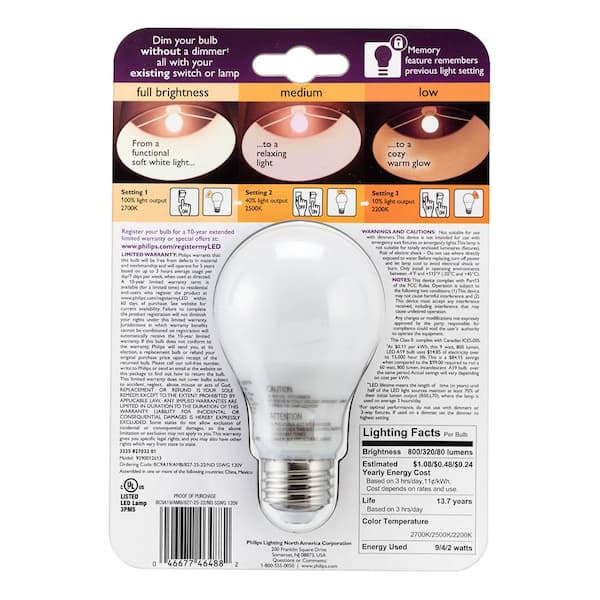 Philips Equivalent A19 SceneSwitch LED Light Bulb Soft White (2700K)/Amber (2500K)/Warm Glow (2200K) (8-Pack) 464883 - The Home Depot