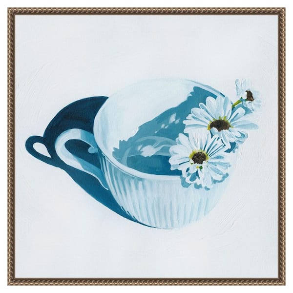 Amanti Art Teacup Daisies II by Grace Popp 1 Piece Floater Frame Canvas Giclee Home Art Print 22 in. x 22 in.