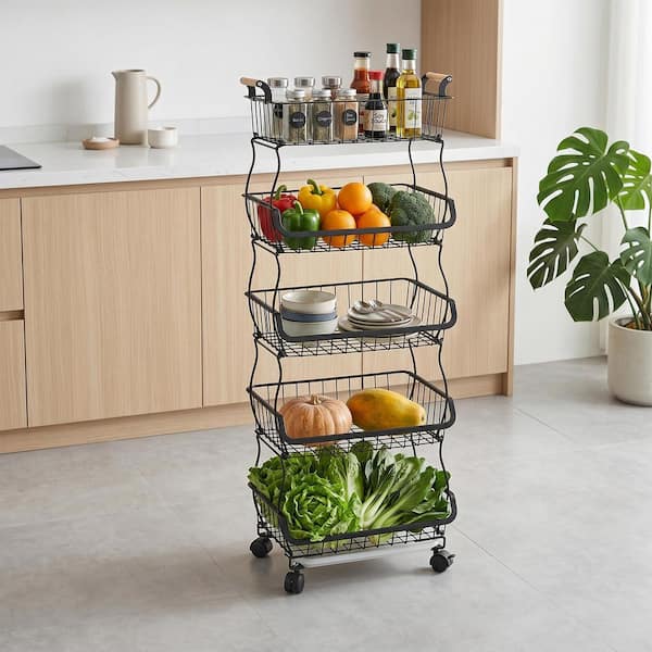 Black Rolling Wire Basket Storage Cart 5-Tier, Stackable Kitchen Pantry Cart with Locking Wheels