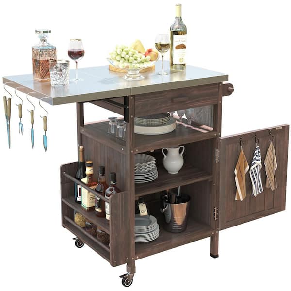 Brown Solid Wood Outdoor Grill Cart with Stainless Steel Drop Leaf Top, 1 Drawer, Towel Rack and 2-Lockable Wheels