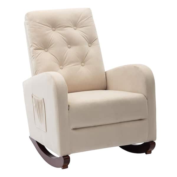 Unbranded Beige Velvet Tufted Fabric Modern High Back Rocking Arm Chair