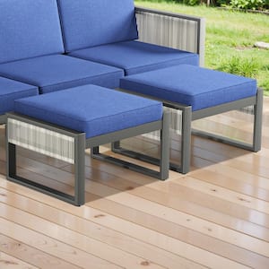 SquareChic Metal and Light Beige Wicker Outdoor Ottoman with Olefin Navy Blue Cushion (2-Pack)