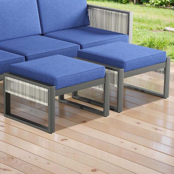 Opohoro SquareChic Metal and Light Beige Wicker Outdoor Ottoman with Olefin Navy Blue Cushion (2-Pack)