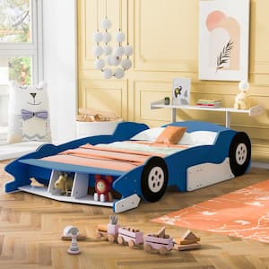 Blue Full Size Race Car-Shaped Kids Bed Platform Bed with Wheels and Shelf
