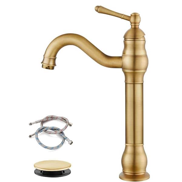 Unbranded Single-Handle Single Hole Swivel Spout Bathroom Vessel Sink Faucet With Pop-up Drain Assembly in Antique Brass