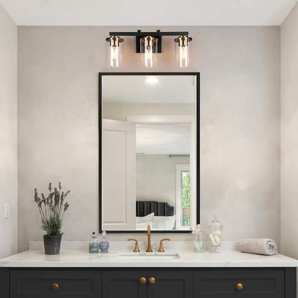 20 in. Modern 3-Light Black Vanity Light, Industrial Bathroom Wall Light with Cylinder Clear Glass, Brass DIY Bath Light