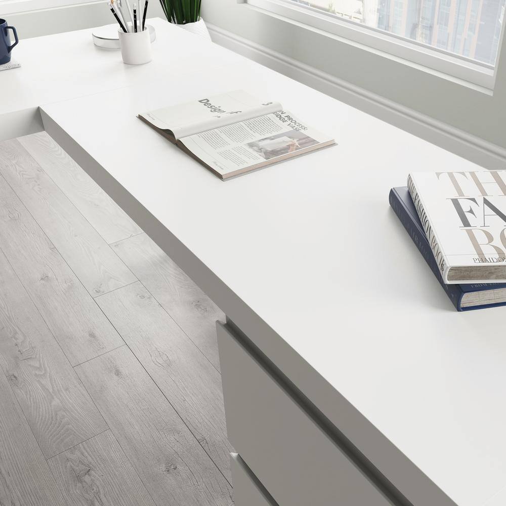 Executive White L-Shaped Desk with Filing Cabinet and Drawers