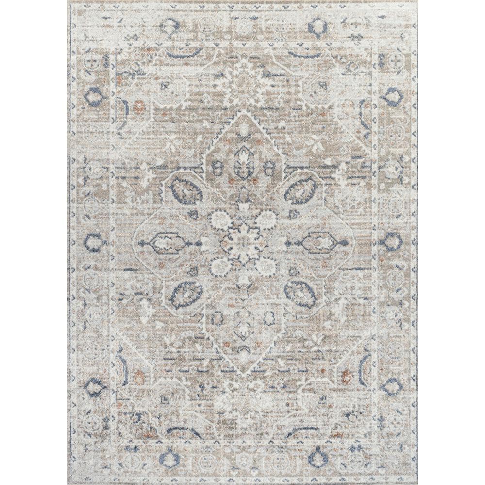 Light Gray and Brown Medallion Washable Synthetic Area Rug 4' x 6'