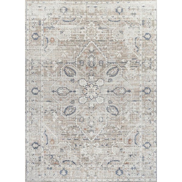 Shaii Light Gray/Brown 4 ft. x 6 ft. Global Medallion Low-Pile Machine-Washable Area Rug