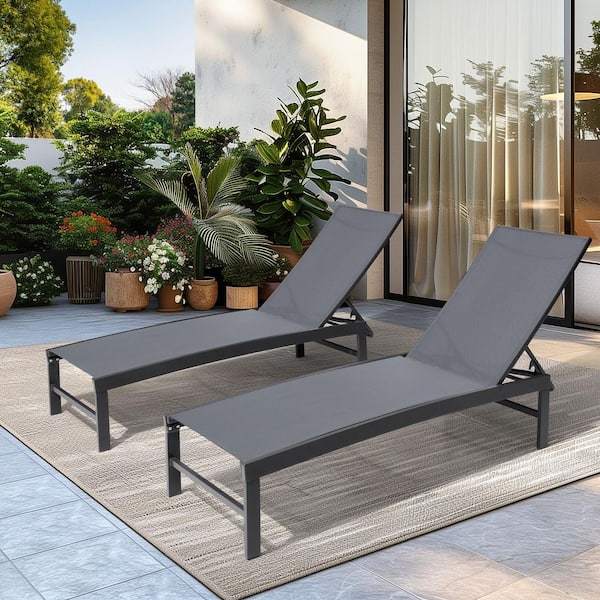 Metal Outdoor Patio Adjustable Chaise Lounge Chairs in Dark Gray (Set of 2)