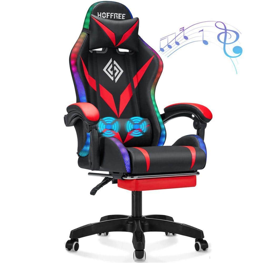Faxu Leather Bluetooth Speakers Massage LED Reclining Ergonomic Gaming Chair in Red with Footrest