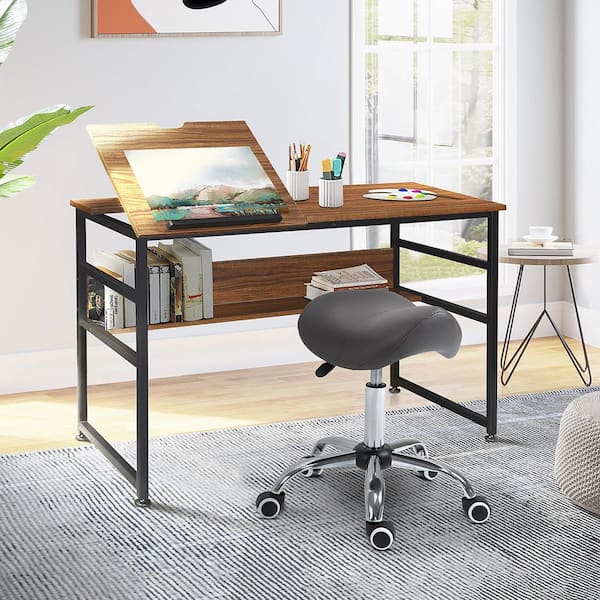 Ergonomic Grey Rolling Saddle Stool PU Leather Hydraulic Spa Stool Height Adjustable Swivel Drafting Medical Salon Chair