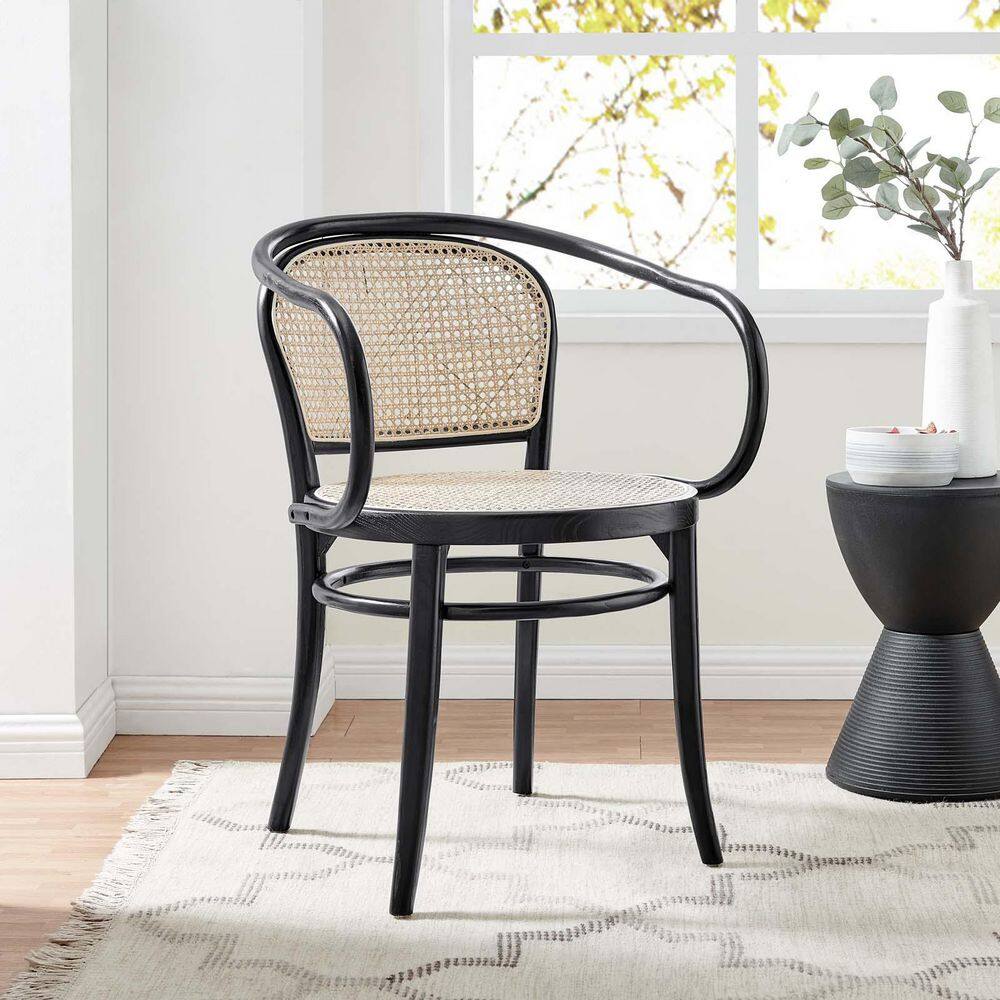 Black Elm Wood & Rattan Cane Low Arm Chair