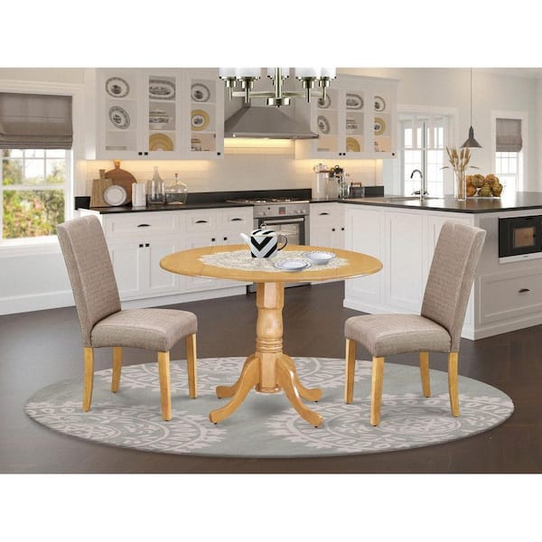 3-Piece Round Natural Oak Finish Solid Wood Top Dining Table with 2 Parson Chairs with Drop Leaf Lattice Back