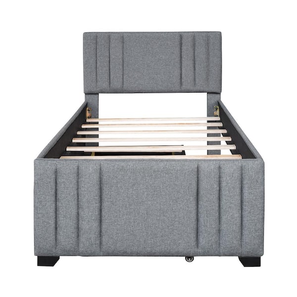 ANBAZAR Gray Queen Size Linen Upholstered Platform Bed With Headboard and Two Drawers, Adult Beds Platform Bed Frame