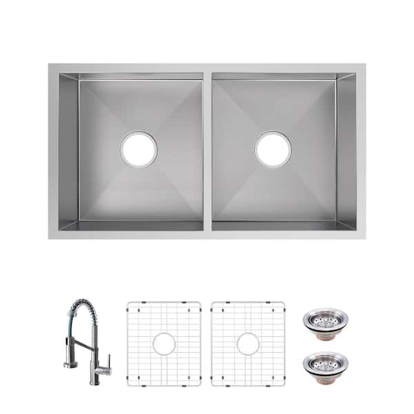 Professional Zero Radius 32 in. Undermount Double Bowl 16 Gauge Stainless Steel Kitchen Sink with Spring Neck Faucet
