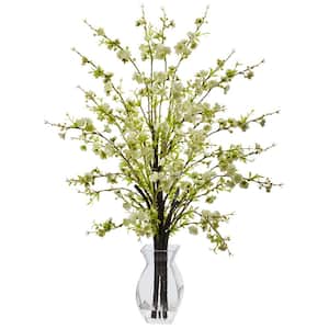 26 in. Artificial Cherry Blossom in Glass Vase in White
