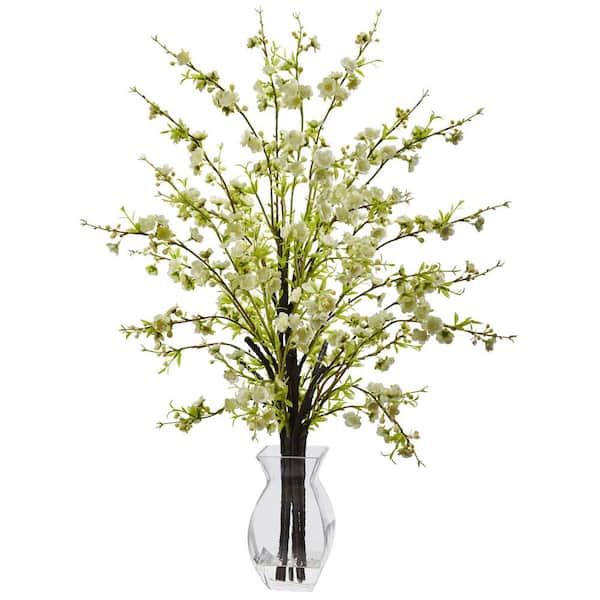 Nearly Natural 26 in. Artificial Cherry Blossom in Glass Vase in White